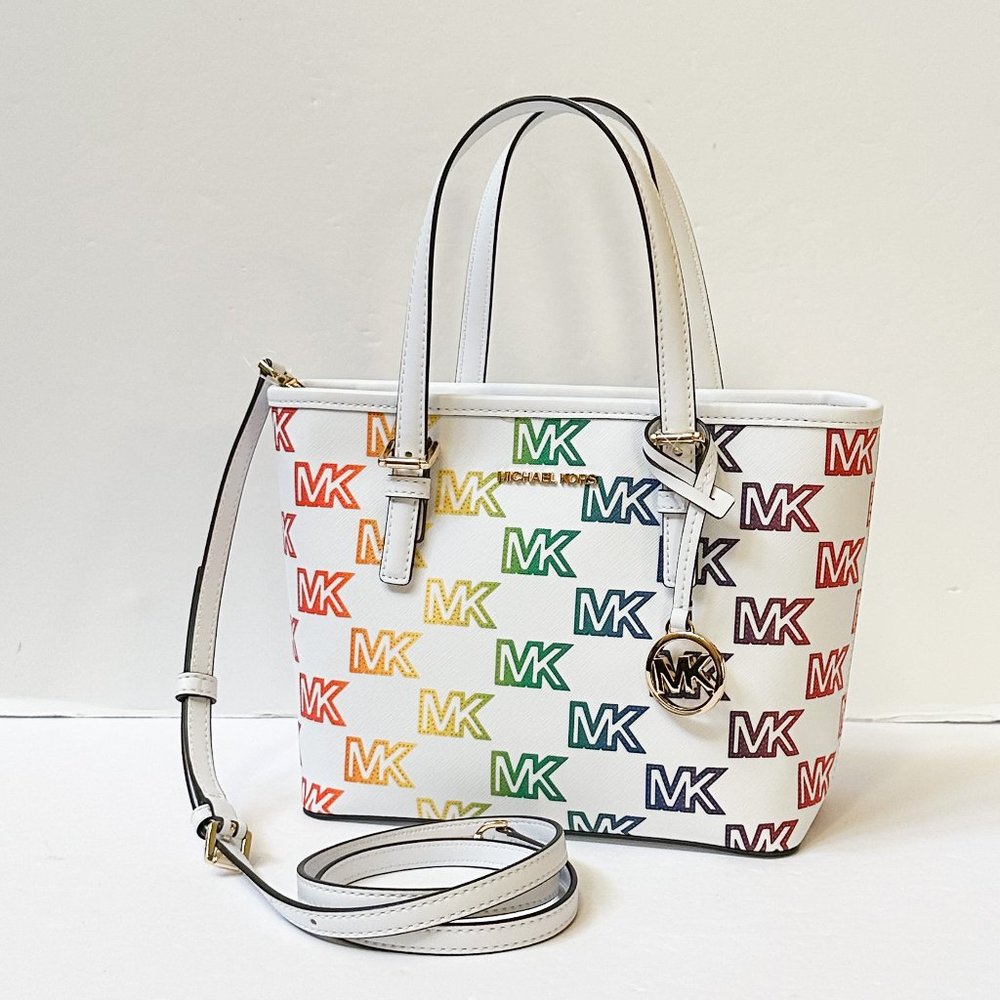 Michael Kors Jet Set XS Carryall Tote Satchel Shoulder Bag MK Rainbow White - Picture 4 of 13